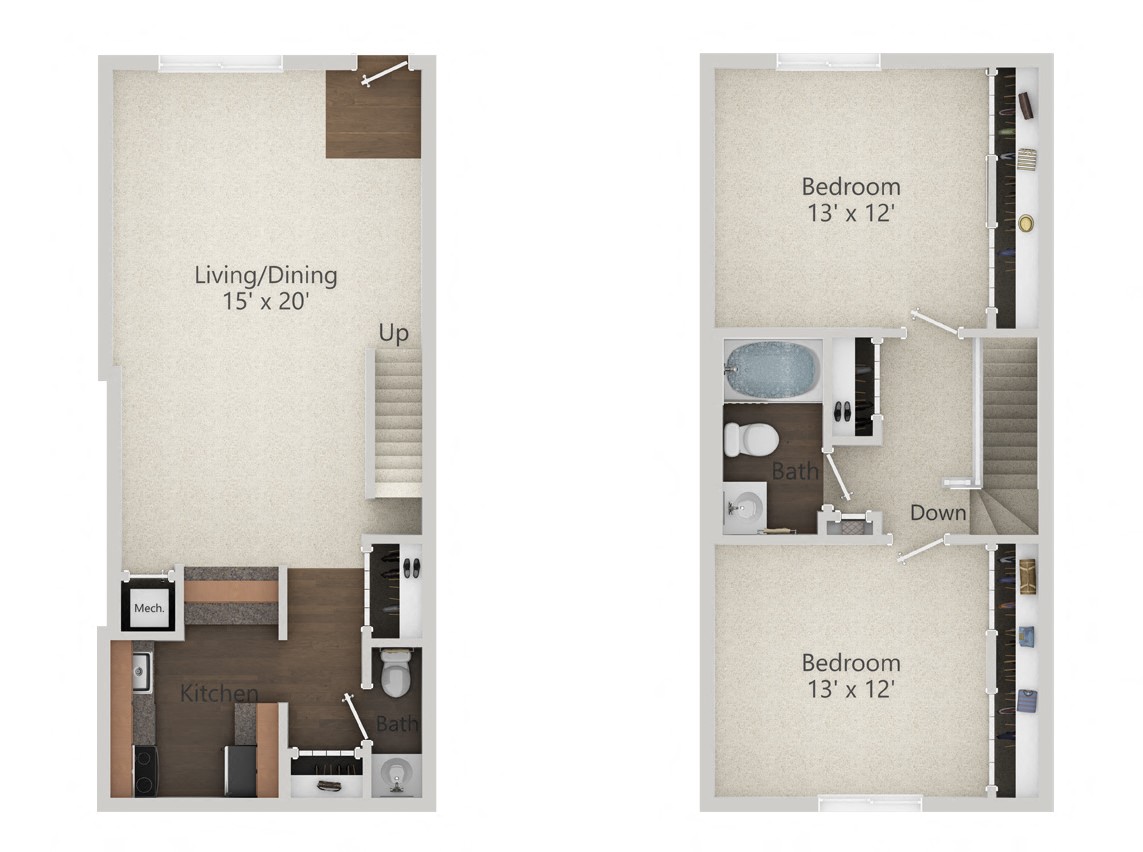 Floor plan for 2 beds, 1.5 baths, 1300 sqft